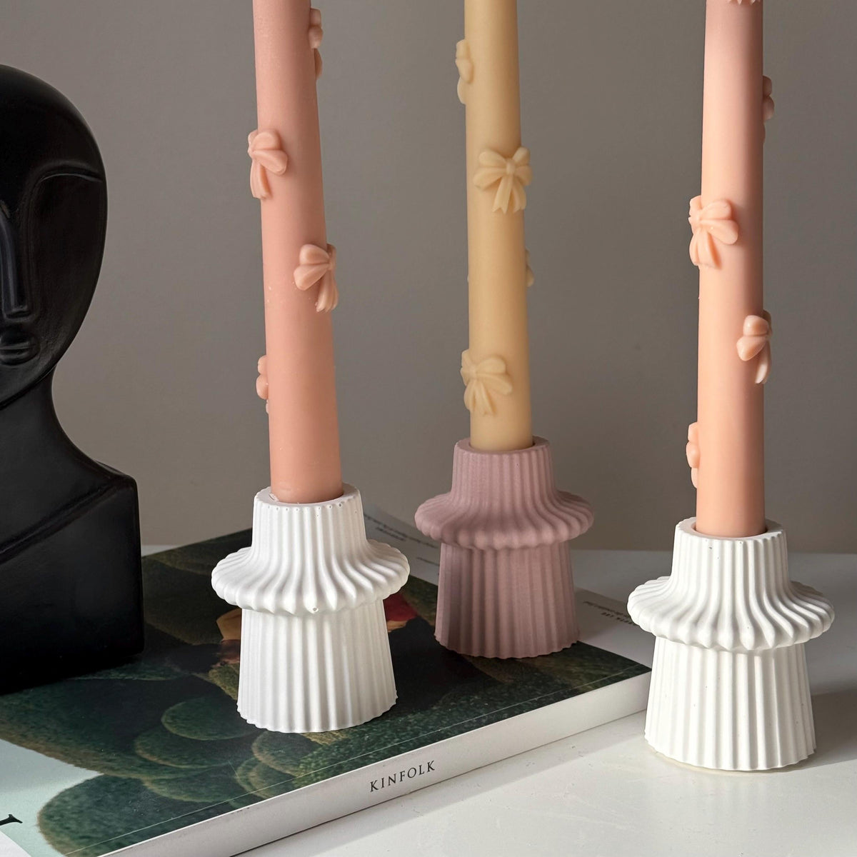 Ribbed Jesmonite Taper Candle Holder: Minimalist Table Decor