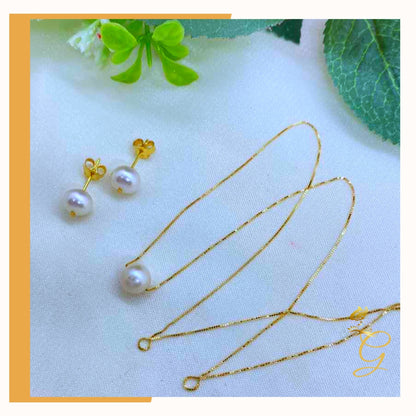 18K Real Gold White Pearl Earrings &amp; Necklace Set (18”)