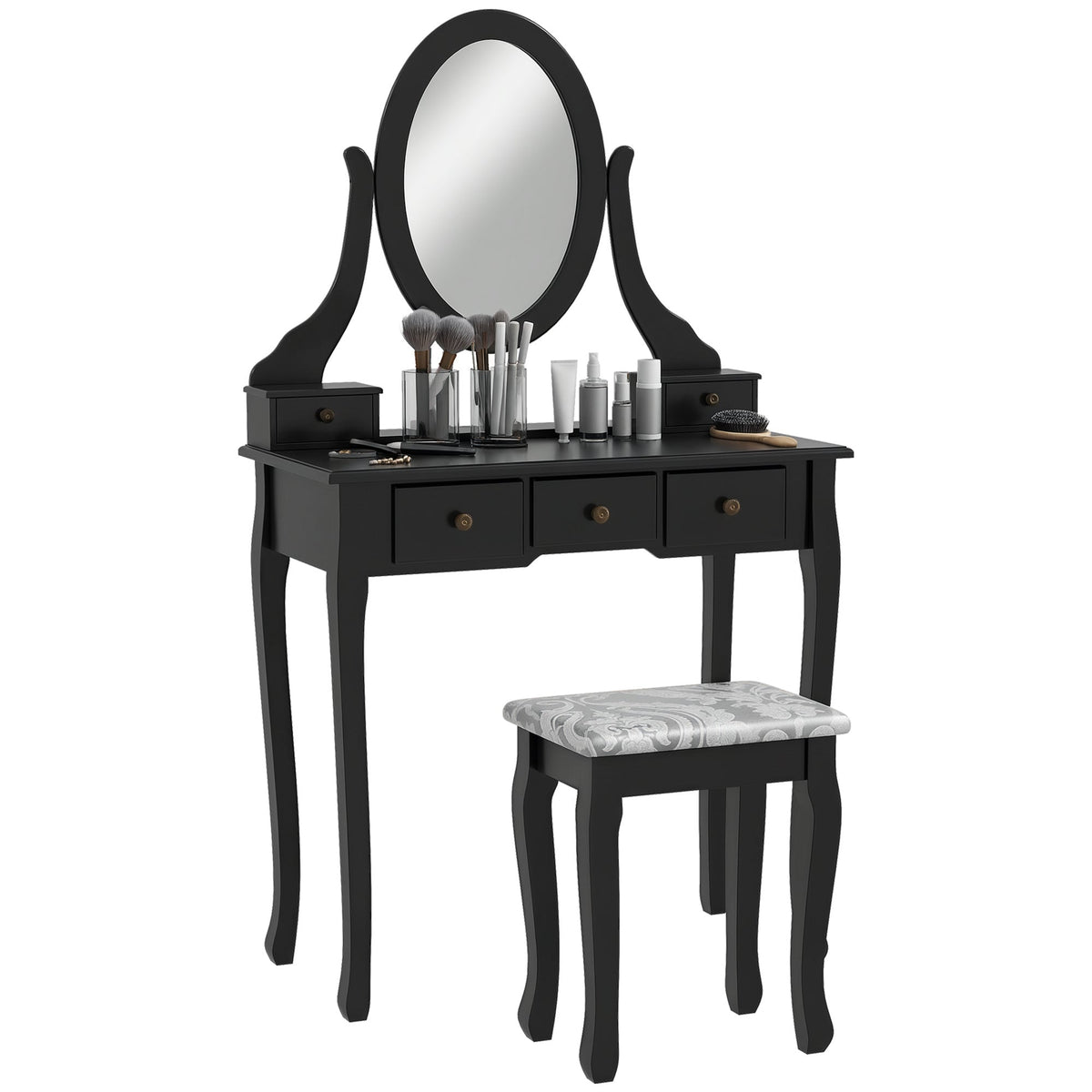 Coiffeuse Emma avec tabouret rembourré et miroir ovale rotatif à 360°-Noir