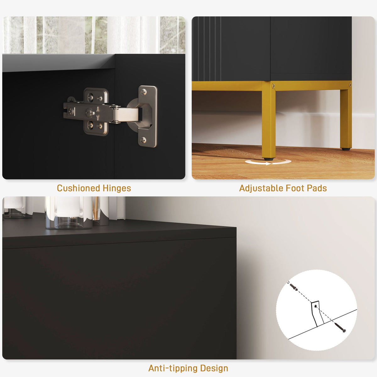 Brooklyn Sideboard/Kitchen Buffet Cabinet with Adjustable Shelves-Black
