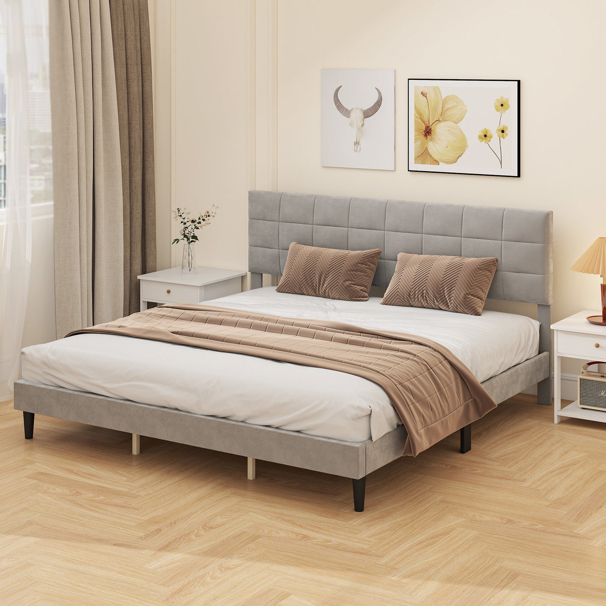 Cadre de lit plateforme Harper King Size avec tête de lit rembourrée - Gris