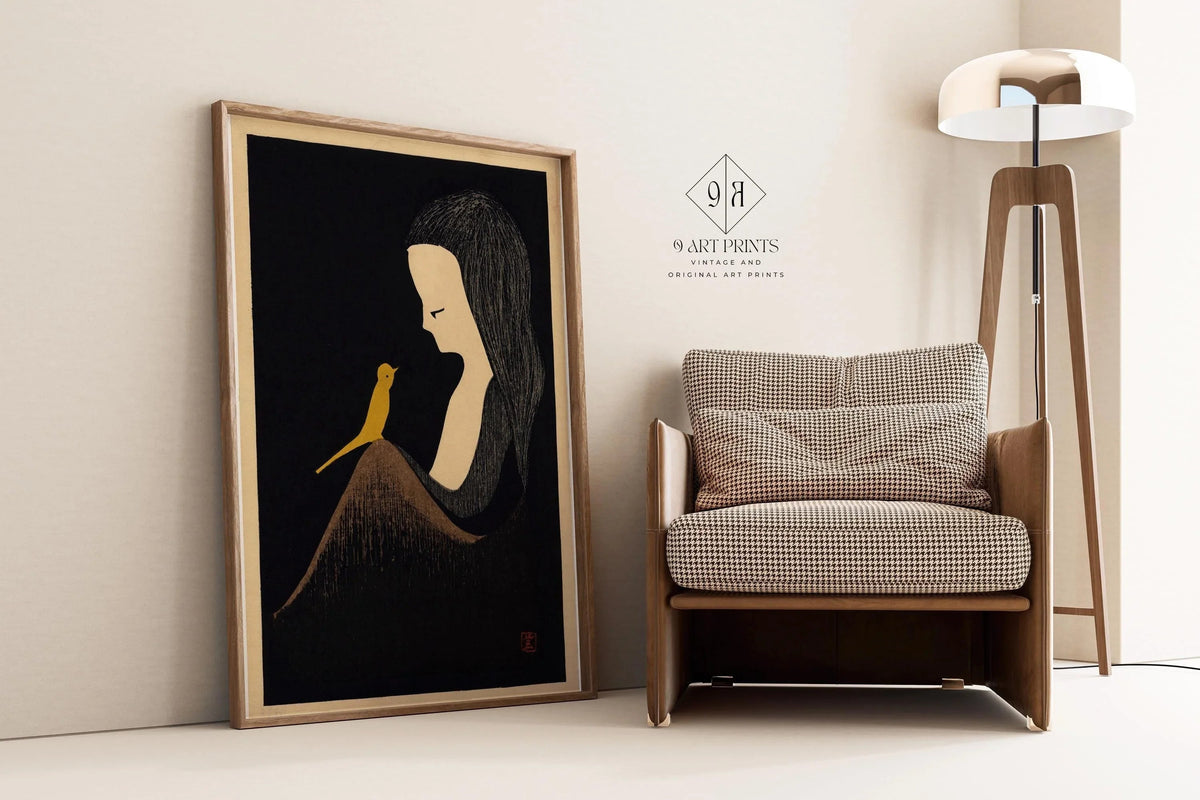 Kaoru Kawano Japanese Woodblock Print: Girl with Yellow Bird, Giclee Art