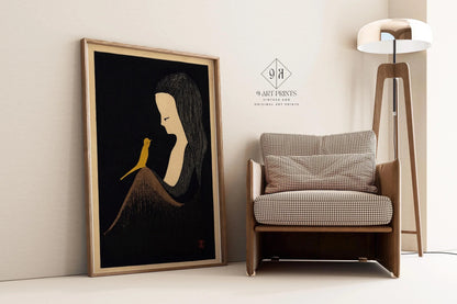 Kaoru Kawano Japanese Woodblock Print: Girl with Yellow Bird, Giclee Art