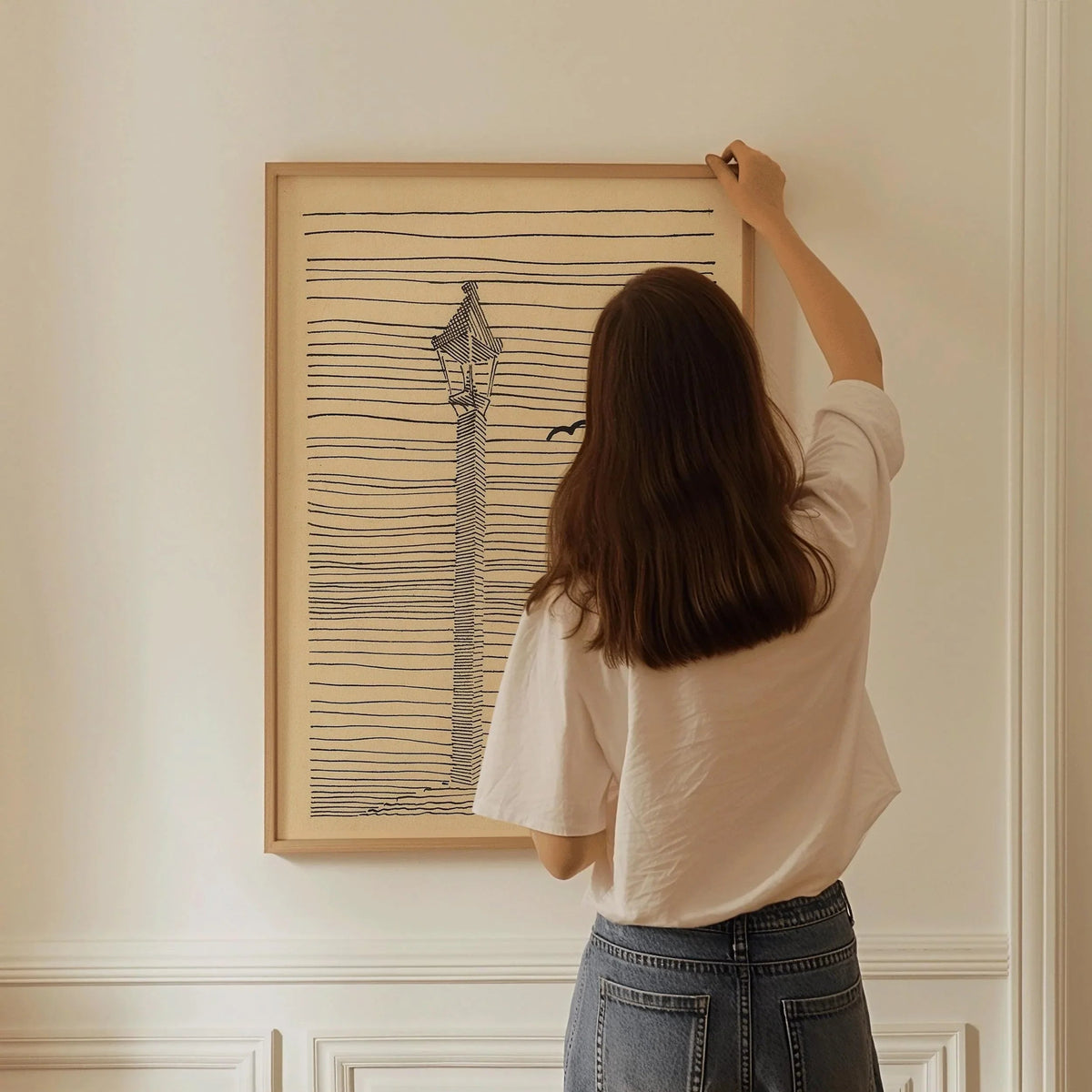 Karl Wiener - Lantern and Three Birds | Minimalist Beige Sketch Art (available handframed or unframed)