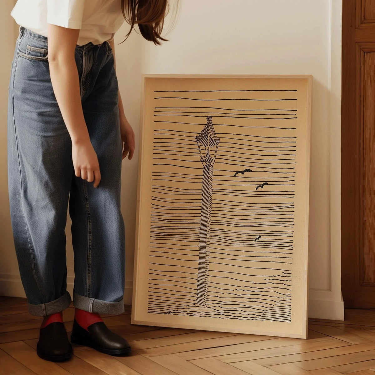 Karl Wiener - Lantern and Three Birds | Minimalist Beige Sketch Art (available handframed or unframed)
