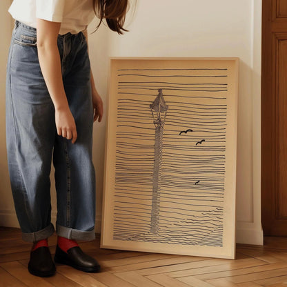 Karl Wiener - Lantern and Three Birds | Minimalist Beige Sketch Art (available handframed or unframed)
