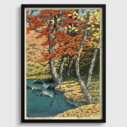 Estampe de forêt automnale de Kawase Hasui : Art japonais de l'estampe sur bois, Ruisseau tranquille