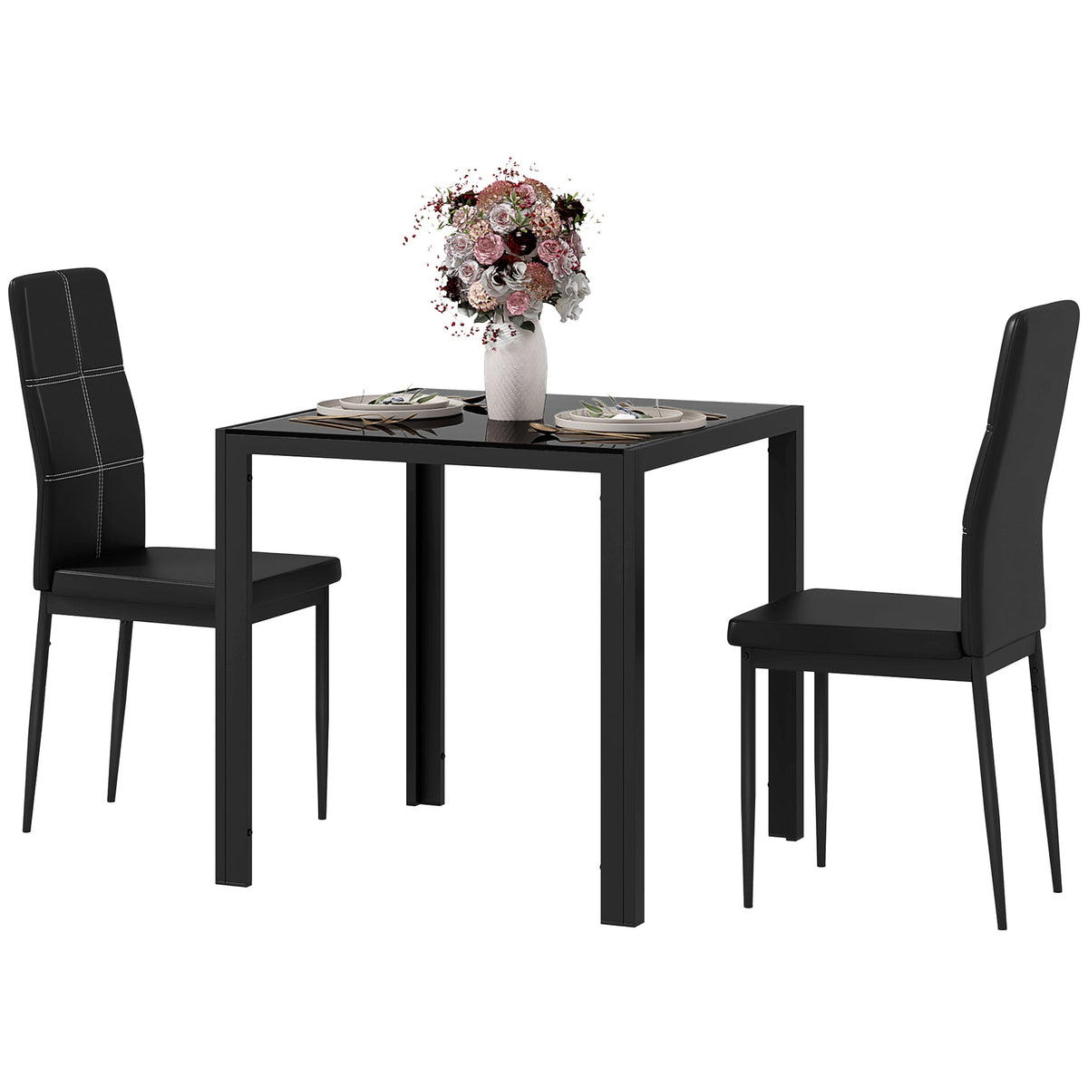 Ensemble de salle à manger rectangulaire 3 pièces en verre Zaya pour petits espaces - Noir