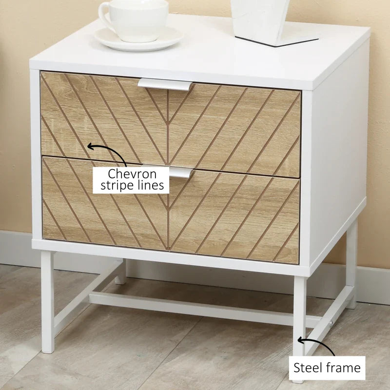 Table de chevet moderne Emery avec 2 tiroirs et pieds en acier-Blanc/Chêne