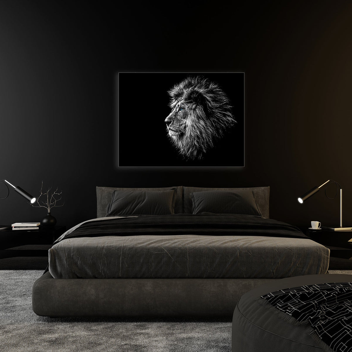 Wildlife Canvas Art-Lions Head Blue Eye in Black and White -Silver varnish