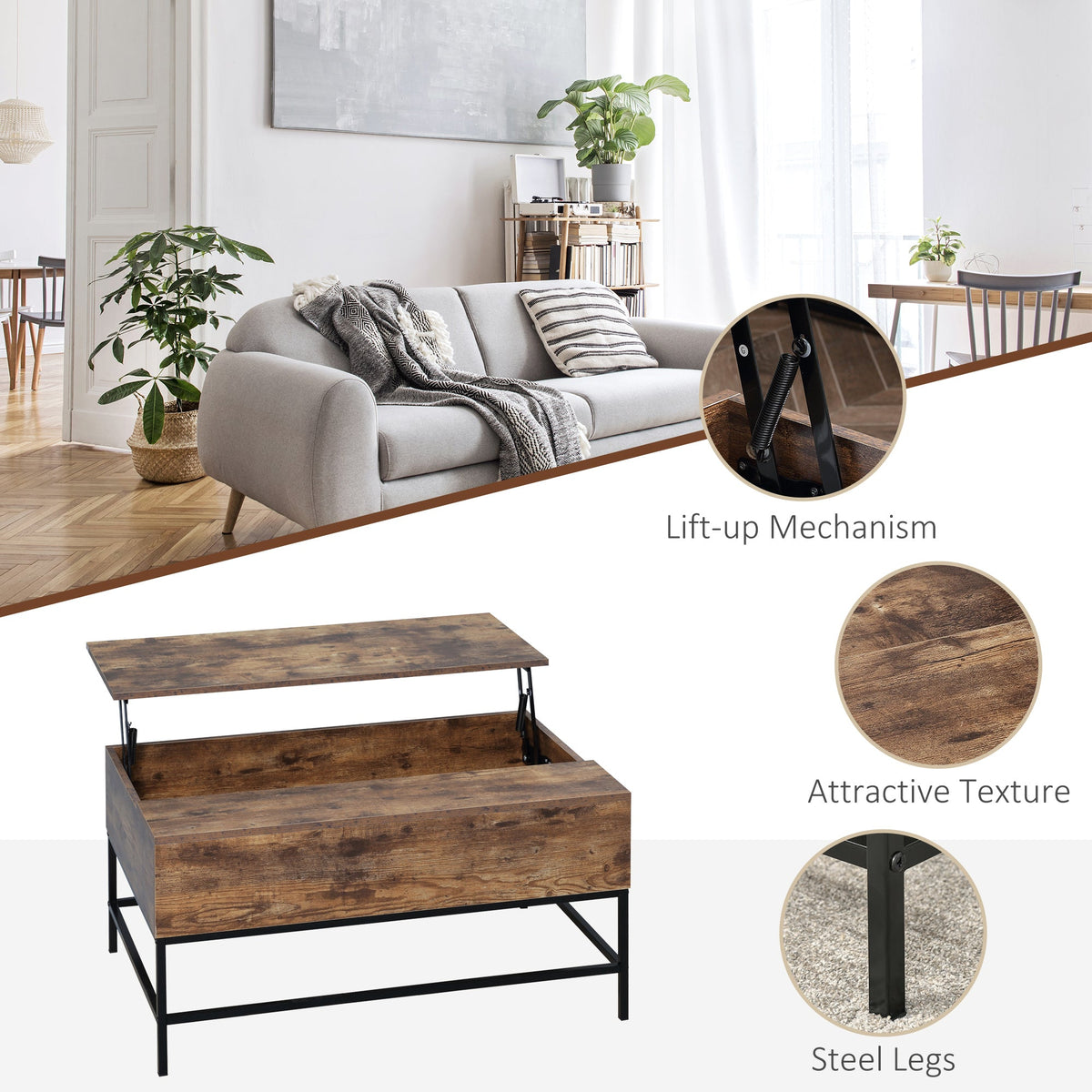 Table basse relevable Reese avec compartiment de rangement caché - Marron rustique