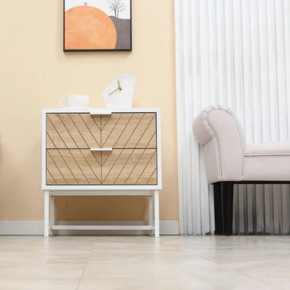 Table de chevet moderne Emery avec 2 tiroirs et pieds en acier-Blanc/Chêne