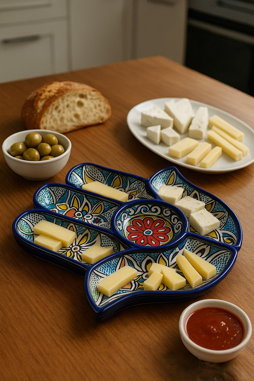Ensemble de 7 pièces de service apéritif et trempette en céramique artisanale, forme Palme