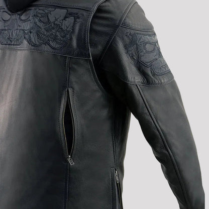 Milwaukee Leather Men's Crossover Scooter Jacket w/ Reflective Skulls & Full Sleeve Removable Hoodie
