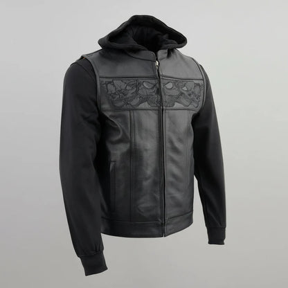 Milwaukee Leather Men's Black Leather Vest with Reflective Skulls & Full Hoodie Liner