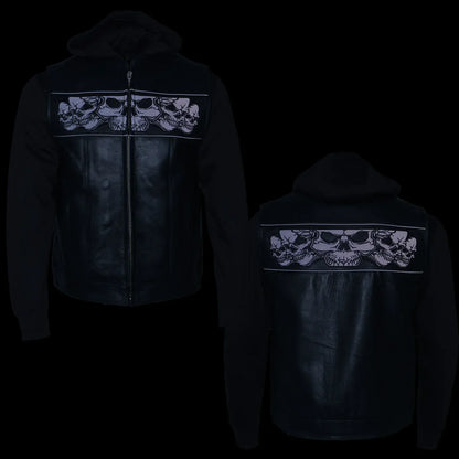 Milwaukee Leather Men's Black Leather Vest with Reflective Skulls & Full Hoodie Liner