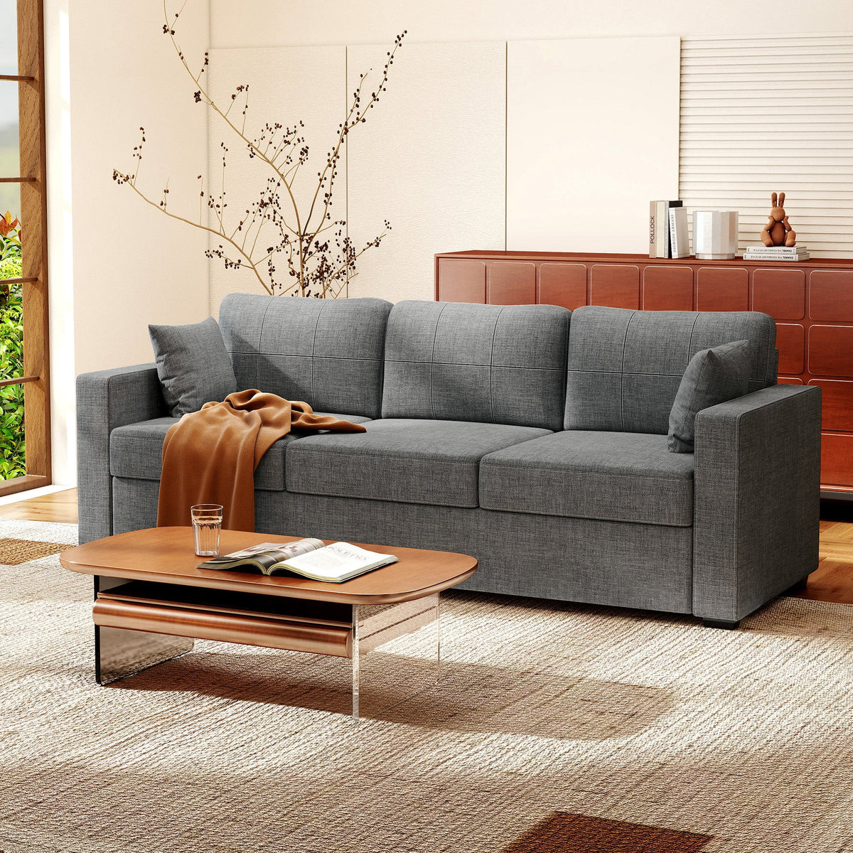 Canapé 3 places moderne Naples en tissu avec assise profonde - Gris foncé