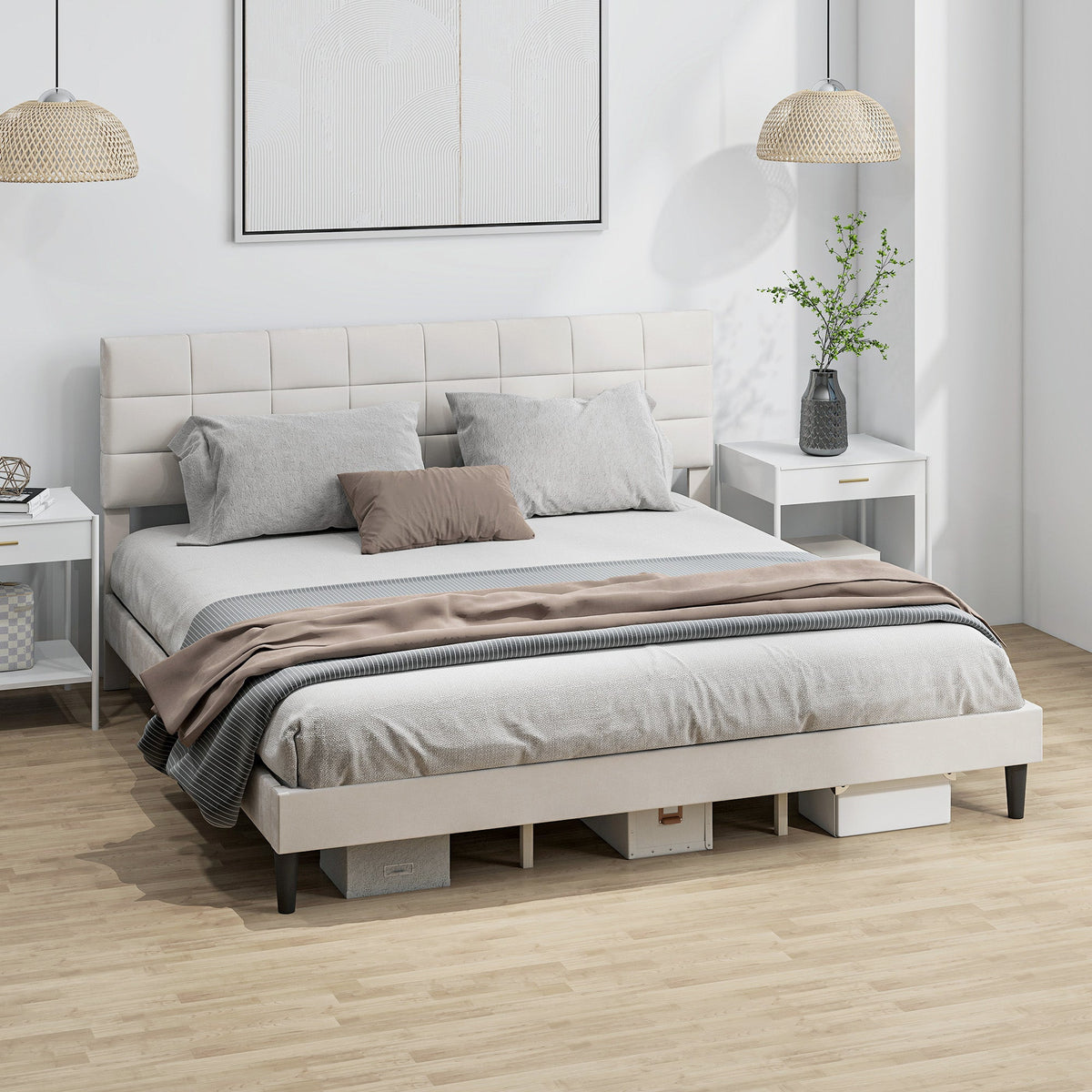 Cadre de lit Harper King Size avec tête de lit rembourrée - Blanc Crème