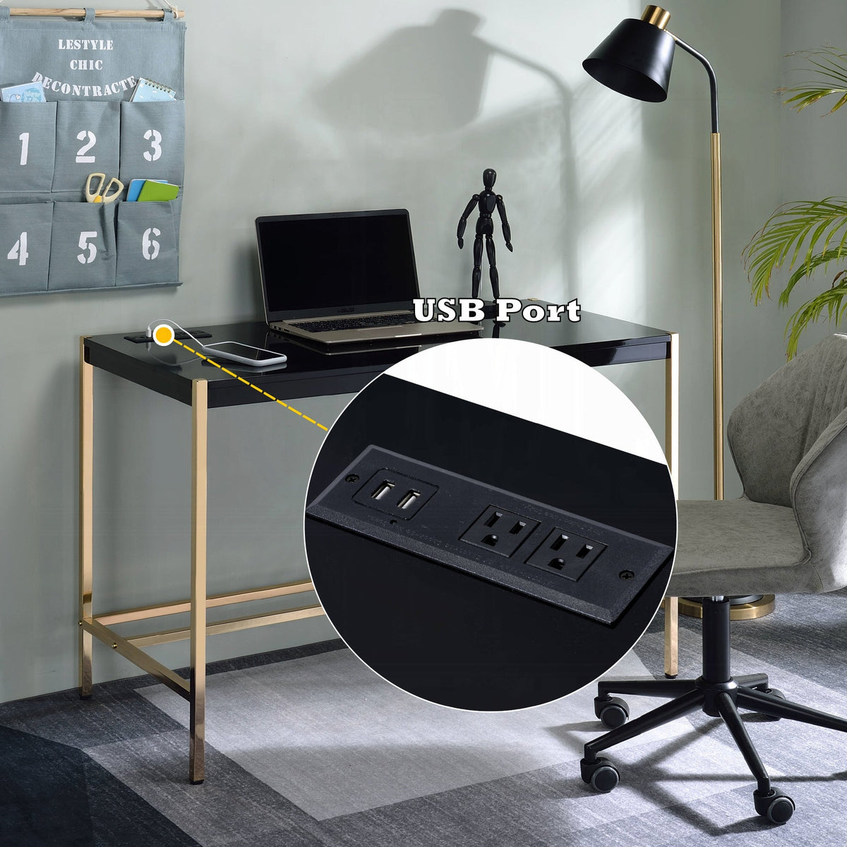 Bureau Lunar Elegant multi-usages avec port USB - Noir/Or