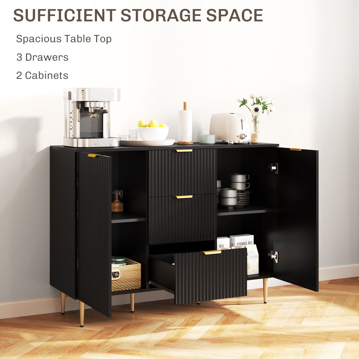 Buffet de cuisine moderne/Meuble de rangement pour couloir Ellis avec 3 tiroirs – Noir
