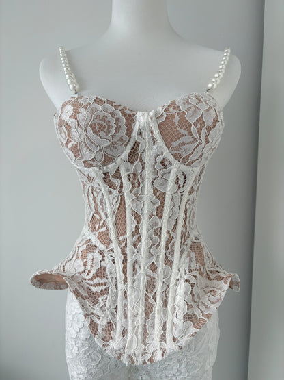 Ensemble Corset en dentelle florale et pantalon large