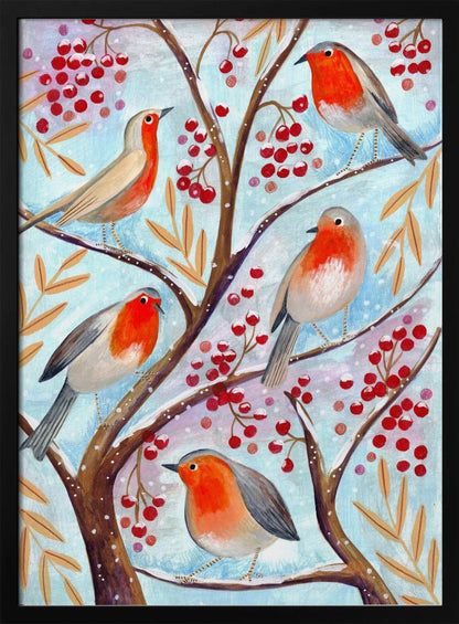 Décoration murale Oiseaux d'hiver rouges-gorges neige de Noël Toiles