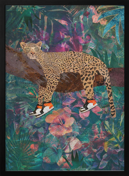 Leopard Wearing Shoes in a Tropical Jungle Canvas Wall Art | Tropical Floral Jungle - Leopard wearing shoes
