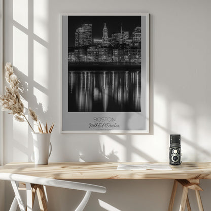 Boston Waterfront Night Reflections Canvas Wall Art | BOSTON Evening Skyline of North End