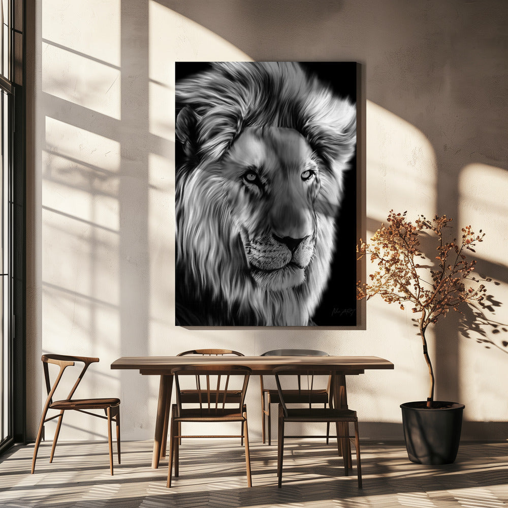 Monochrome Lion with Flowing Mane Canvas Wall Art | Leo II