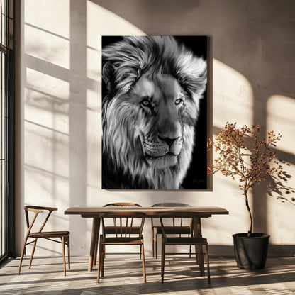 Monochrome Lion with Flowing Mane Canvas Wall Art | Leo II