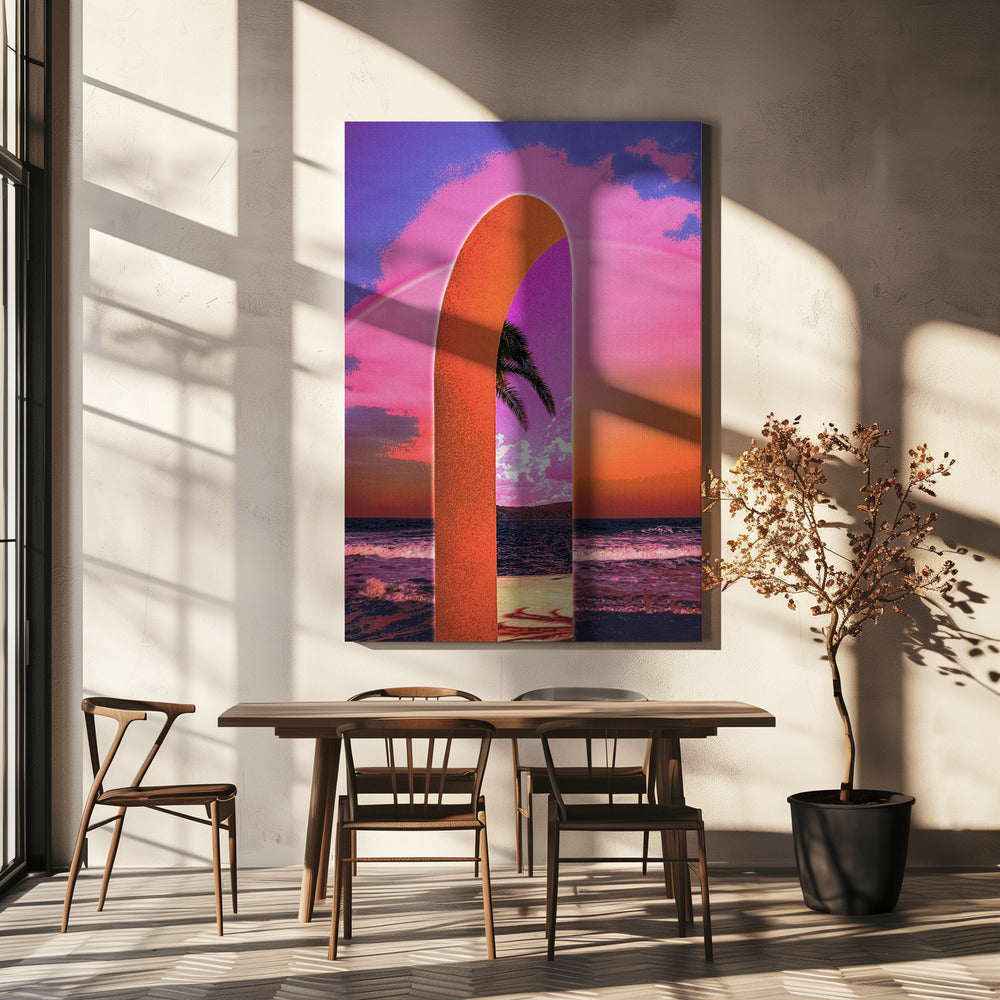 Pink Vaporwave Archway by the Sea Canvas Wall Art | Portal Vaporwave
