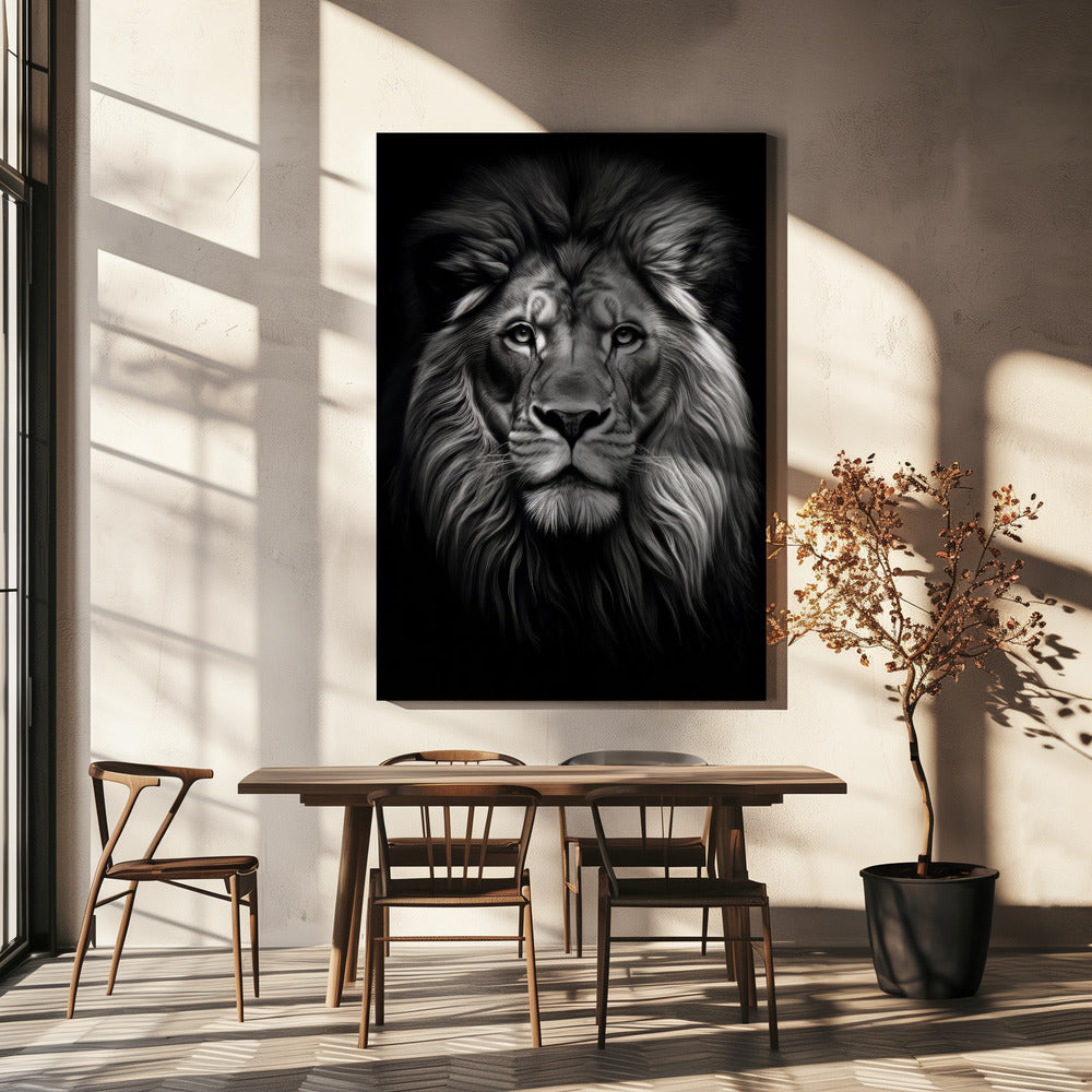 Front Facing Black and White Lion Portrait Canvas Wall Art | Wild 11
