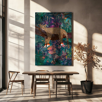 Leopard Wearing Shoes in a Tropical Jungle Canvas Wall Art | Tropical Floral Jungle - Leopard wearing shoes