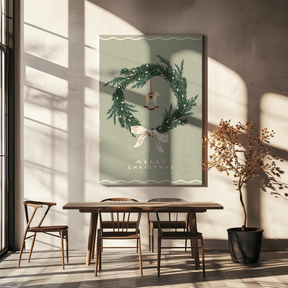 Toile murale Chevaux Jouet sur une couronne de Noël avec nœud