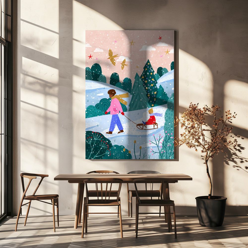 Tableau mural "Promenade en luge enneigée 2" sur toile