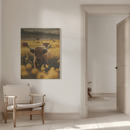 Art mural vaches des Highlands dans un champ de fleurs