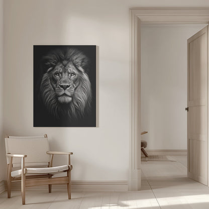 Front Facing Black and White Lion Portrait Canvas Wall Art | Wild 11