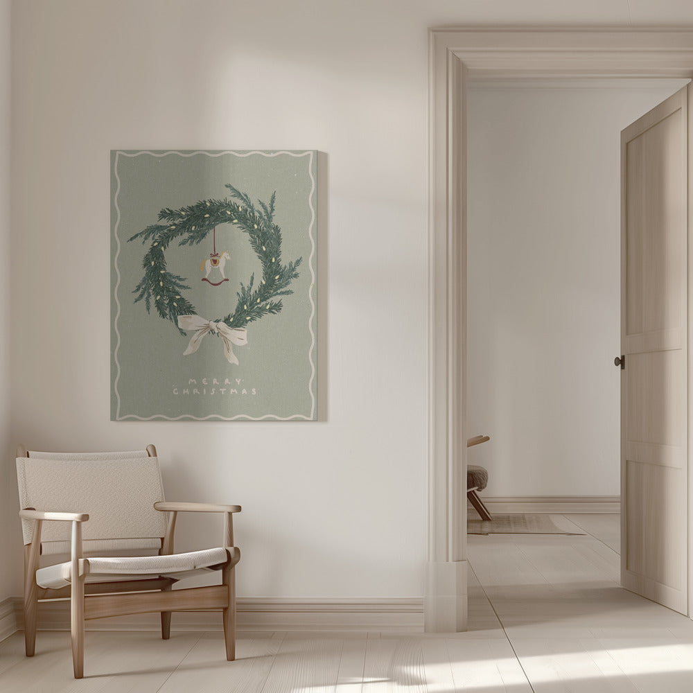 Toile murale Chevaux Jouet sur une couronne de Noël avec nœud
