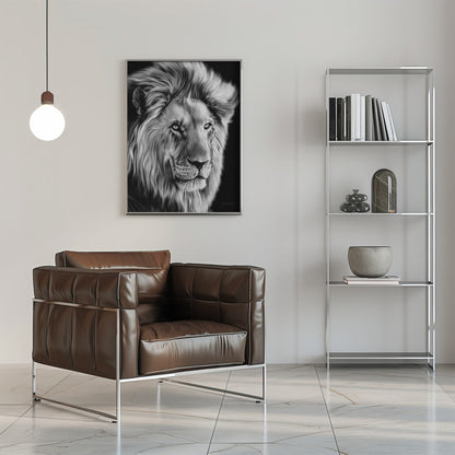 Monochrome Lion with Flowing Mane Canvas Wall Art | Leo II