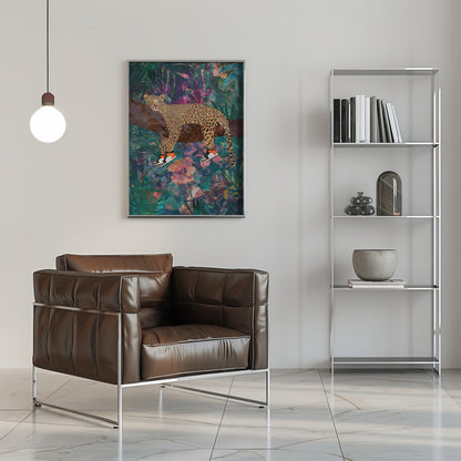 Leopard Wearing Shoes in a Tropical Jungle Canvas Wall Art | Tropical Floral Jungle - Leopard wearing shoes