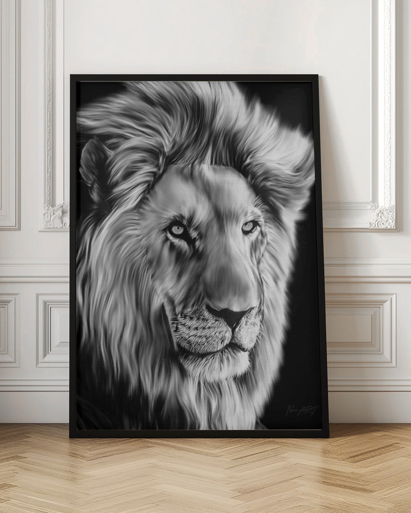 Monochrome Lion with Flowing Mane Canvas Wall Art | Leo II