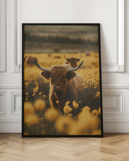 Art mural vaches des Highlands dans un champ de fleurs