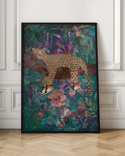 Leopard Wearing Shoes in a Tropical Jungle Canvas Wall Art | Tropical Floral Jungle - Leopard wearing shoes