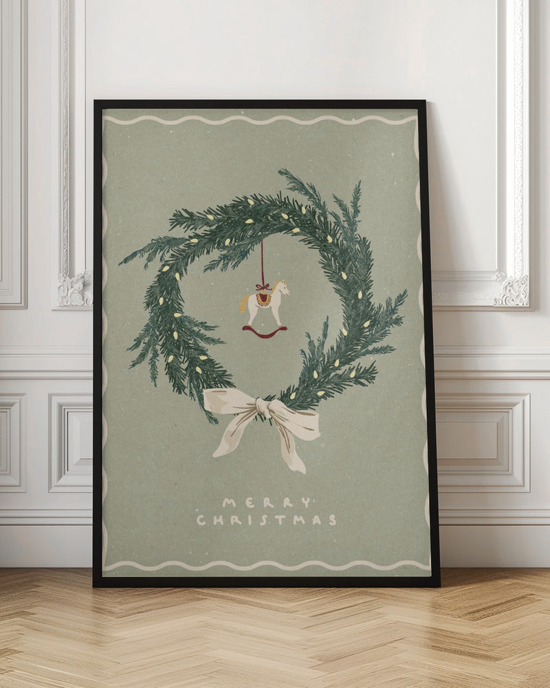 Toile murale Chevaux Jouet sur une couronne de Noël avec nœud