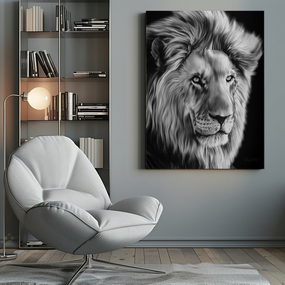 Monochrome Lion with Flowing Mane Canvas Wall Art | Leo II