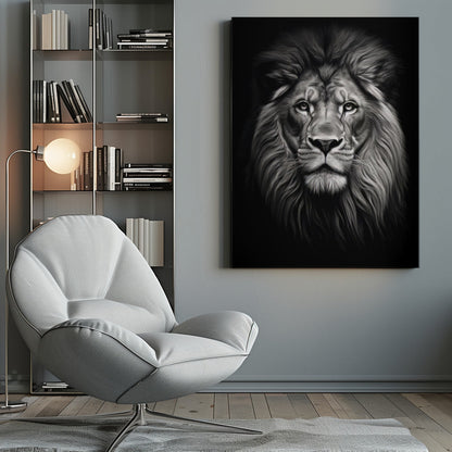 Front Facing Black and White Lion Portrait Canvas Wall Art | Wild 11