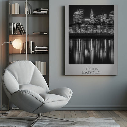 Boston Waterfront Night Reflections Canvas Wall Art | BOSTON Evening Skyline of North End