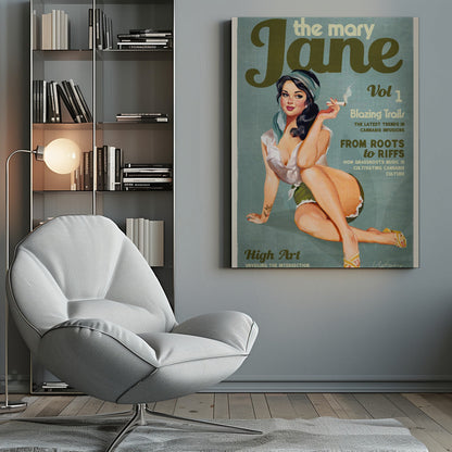Mary Jane Vintage Pinup Cannabis Typography Canvas Wall Art | Mary Jane Retro Vintage Pinup Cannabis Art