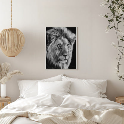 Monochrome Lion with Flowing Mane Canvas Wall Art | Leo II