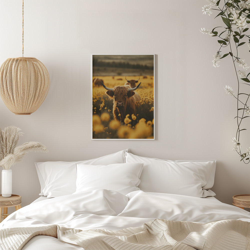 Art mural vaches des Highlands dans un champ de fleurs